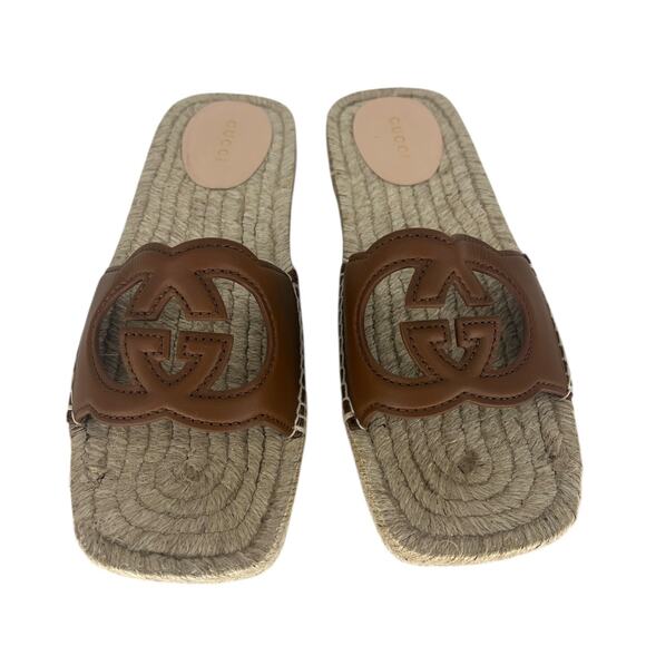 Gucci Carlos Interlocking GG Cut Out Slide Espadrille Sandals in Brown - Picture 11 of 16